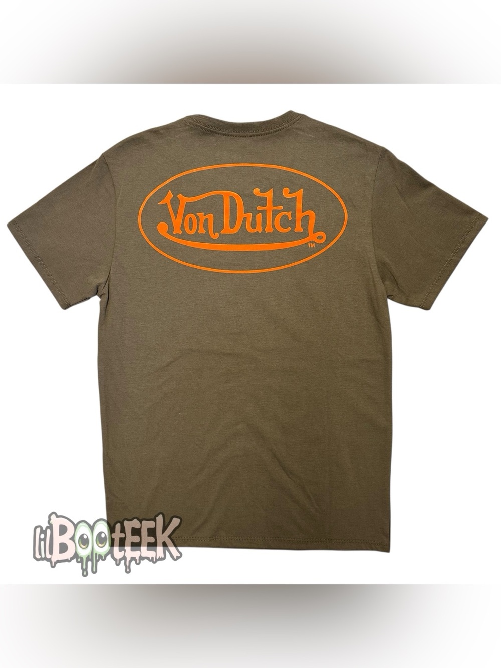 Von Dutch Men's SM Olive Green T-Shirt w Orange Front/Back Logo NEW VIRAL Y2K